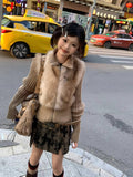 Fashionkova Party Outfit Maillard Faux Fur Coat Women 2024 Autumn Winter Fake Two Pieces Long Sleeve Lapel Zipper Knit Coat Vintage Y2k Female Clothing