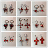 Fashionkova Punk Charm Red Crystal Heart Cross Thorn Hoop Earrings For Women Men Unusual Gothic Vintage Grunge Jewelry Y2K EMO Accessories