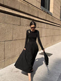 Fashionkova party look inspos Vintage Hollow Out Black Dress Women Autumn Elegant Hepburn Style O Neck Midi Dress Y2K Harajuku Korean Splicing A Line Dress