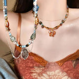 Fashionkova Melard Style Retro Beaded Butterfly Pendant Necklace for Women Colored Beads Bilayer Clavicle Sweater Chain Chokers Fine Jewelry