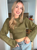 Fashionkova Waist Cinching Short Sweater Ribbed Wide Sleeved Knitwear Round Neck Loose Slimming Knitted Pullover Spring New Women's Clothing ootd outfit idea