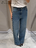 Fashionkova Casual Bead Jean Women Loose High Waisted Pockets Zipper All-match Straight Leg Trouser Female 2025 Y2k High Street Lady Outwear
