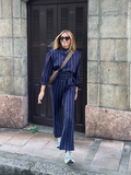 Fashionkova Party Outfit Casual Striped Round Neck Long Sleeved Shirt Set Elegant Solid High Waist Wide Leg Pants Set 2025 New Lady Chic High Streetwear