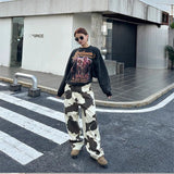 Fashionkova  Party Outfit  Women's Cow Patterned Printed Casual Pants High Waisted Straight Vintage 90s Streetwear Female Casual Loose Tie Dye Trouser