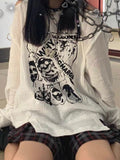 Fashionkova party look inspos Punk Graphic Tees Women One Shoulder Irregular Skull Print Long Sleeve T-Shirt Women Black Bondage Fairy Grunge Cotton Harajuku
