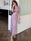 Fashionkova  party look inspos Autumn Korean Solid 2 Pieces Set Women Elegant V-Neck Long Sleeve Pleated Shirt Tops and High Waist A-Line Mermaid Skirt Suits