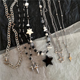 Fashionkova Kpop Goth Vintage Cool Y2K Star Pendant Beaded Silver Color Chain Necklace For Women Men Aesthetic Grunge EMO Jewely Accessory