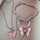 Fashionkova Goth Exaggerated Pink Butterfly Glass Heart Pendant Short Choker Chain Necklace Women Charms Rave Jewelry Y2K Scene Accessories