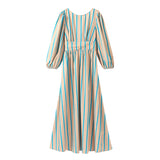 Fashionkova party look inspos Fashion Striped Print Long Dress For Women Elegant O Neck Lantern Sleeve Midi Dresses 2024 Summer High Waist Backless Beach Robe