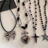 Fashionkova Gothic Y2K Peach Heart Star Cross Pendant Black Beaded Chain Short Choker Necklace For Women Charms Goth Jewelry EMO Accessories