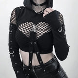 Fashionkova Black Gothic Crop Top Women Hoodies Punk Sweatshirt Off Shoulder Lace Up Hooded Pullover Cat Ear Short Style Female Jacket Coat ootd