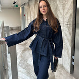 Fashionkova Retro Belt Denim Pants Set Women Lapel Pockets Long Sleeved Jacket Zipper Straight Leg Jeans 2025 Spring High Street Female Sets