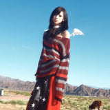 Fashionkova Y2k Aesthetics Off Shoulder Pullover Grunge Gothic Red Striped Sweater Japanese Harajuku Loose Knit Tops American Retro Spring Style 2025