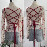 Fashionkova Women Retro Printed Slim See Through Mesh Top With Contrasting Straps Backless Long Sleeve Bottoming Cropped Top Y2K Streetwear