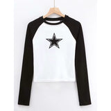 Fashionkova party look inspos Women T Shirts Star Top Pattern Print Casual Fashion Long Sleeve Crop Top Aesthetics T Shirts Patchwork Ladies Skinny Streetwear