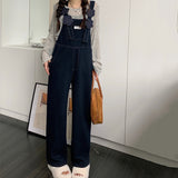 Fashionkova  Party Outfit  Fashion New Applique Flower Denim Jumpsuits Women Korean Loose Straight Wide Leg Overalls One Piece Outfit