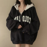 Fashionkova Vintage Solid Color Letter Print Half Zip Up Hoodie
