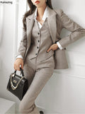 Fashionkova Valentine's Day Aesthetic New Fashion Office Lady 3 Piece Blazer Suit Women Business Formal Outfits Vintage Notched Lapel Jackets Button Vest Pants Set
