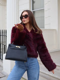 Fashionkova Party Outfit Vintage Red Faux Fox Fur Short Coat For Women Elegant Solid Lapel Long Sleeve Loose Jacket Winter Plush Warm High Street Outwear