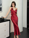 Fashionkova Spring Summer New Lace Up Ruffle Edge Elegant Fishtail Maxi Dress Backless Bodycon Fit Gown Long Dresses  Party Club Vestidos Outfit Ideas