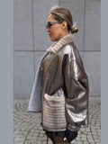 Fashionkova party look inspos 2024 Silver Fur Leather Patchwork Lapel Coat Women New Single Breasted Pockets Long Sleeve Jackets Chic Female Streetwear