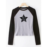 Fashionkova party look inspos Women T Shirts Star Top Pattern Print Casual Fashion Long Sleeve Crop Top Aesthetics T Shirts Patchwork Ladies Skinny Streetwear