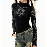 Fashionkova party look inspos Grunge Women T-Shirt Y2k Aesthetics Half high neck Tees Graphical Print  Long Sleeve Sheer Tops Punk Alternative Crop Tops EMO