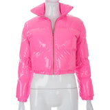 Fashionkova Women Pink Shiny PU Camouflage Puffer Jacket Winter Camo Bubble Coats Zip Paisley Leather Patchwork Parkas Down Both Side Wear Valentine's Day Aesthetic