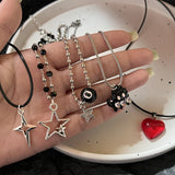 Fashionkova Vintage Fashion Star Cat Red Crystal Heart Pendant Rope Necklace For Women Men Silver Color Y2k Aesthetic Jewelry Accessories