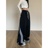 Fashionkova party outfit  Black Striped Sweatpants Women Preppy Style High Waist Loose Casual Trousers Korean Chic Gray Lace Up Streetwear Wide Leg Pants