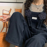 Fashionkova  Party Outfit  Fashion New Applique Flower Denim Jumpsuits Women Korean Loose Straight Wide Leg Overalls One Piece Outfit