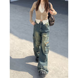 Fashionkova party outfit  Women's Blue Gothic Baggy Cargo Jeans with Star Harajuku Y2k 90s Aesthetic Denim Trousers Emo 2000s Jean Pants Vintage Clothes