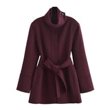 Fashionkova party look inspos Burgundy Wool Blend Suit Coat With Belt Single Breasted Stand Collar Long Sleeve Overcoat Women New Lady High Street Outerwear