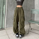 Fashionkova Party Outfit Women Casual Baggy Cargo Pants Solid Low Waist Joggers Tech Pants Drawstring Wide Leg Baggy Trousers Y2K Streetwear Sweatpants