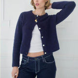 Fashionkova Women's Y2K Elegant Solid Color Fuzzy Knitwear Tops Long Sleeve Button-down Round Neck Cropped Cardigan Sweater Coats fairycore