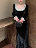 Fashionkova  party look inspos Vintage Solid Slim Long Dresses Autumn Square Collar Package Hip Birthday Party Dress Evening Mermaid Prom Robe Vestidos Largos