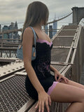 Fashionkova Valentine's Day Aesthetic Sexy Lace Black Mini Dress Women Summer Sleeveless Print Bodycon Streetwear Y2K Fashion Party Clubwear Spaghetti Strap Dresses