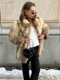 Fashionkova Party Outfit Vintage Turn-down Collar Faux Fur Women Casual Thickened Long Sleeved Coats Female Autumn Winter Chic Soft Outwears With Pockets