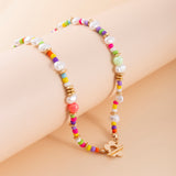 Fashionkova Baroque Imitation Pearls Necklace For Women Boho Colorful Seed Beads Chain Choker Geometric Flowers Clasp Pendant Collar Jewelry