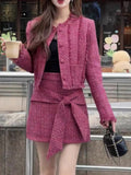 Fashionkova  Nye Outfit Winter Pink Elegant New Two Piece Set Women Blazer Coat+solid Bow Mini Skirt Female Korean Fashion Designer Mini Skirt Suit 2024