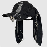 Fashionkova Niche Y2k Rabbit Ears Denim Ripped Baseball Cap Men and Women Dark Personality Metal Ring Street Trend Adjustable