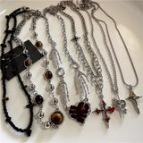 Fashionkova Cross Heart Red Stone Hand Bone Pendants Choker Chain Necklace Ins Punk Goth Charm Korean Men Women Y2K EMO Accessories Jewelry