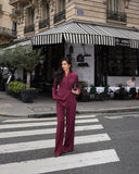 Fashionkova party look inspos Wine Red Women Suit Jacket Long Pants Set Fasion 2 Pieces Slim Chic Bevel Buckle Formal Wear Female New Party Commute Office