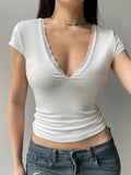 Fashionkova Sweetown White Solid Lace Trim V Neck Slim Basic Short Sleeve T Shirt Women Elegant Fashion Sexy Korean Tees