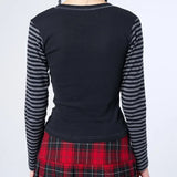 Fashionkova party look inspos Woman Gothic T-shirts y2k Skull Printed Striped Long Sleeve Slim Tops Woman Clothing Streetwear