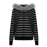 Fashionkova  Party Outfit  American Retro Striped Hoodies Coats Women Ropa Mujer Furry Hooded Zipper Sweatshirts Y2k Tops Hoodie Ropa Mujer 2025