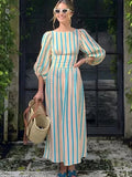 Fashionkova Fashion Striped Print Backless Long Dress For Women Elegant O Neck Lantern Sleeve Midi Dresses 2024 Summer High Waist Beach Robe