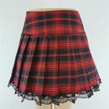 Fashionkova Plaid Skirts New Contrast Lace Pleated Vintage Sexy Skater Clothes Harajuku Gothic Punk England Style Y2k Skirt ootd