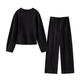 Fashionkova party look inspos Fashion Solid Long Pant Set for Women Casual O Neck Long Puff Sleeve Pullover Wide Leg Trousers Suit Female Commuter 2Pcs Outfit