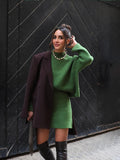 Fashionkova Party Outfit Casual Green Knitted Sweater Skirts Suits For Women Elegant Lapel Long Sleeve Pullover Set Autumn New Lady High Street Outfits